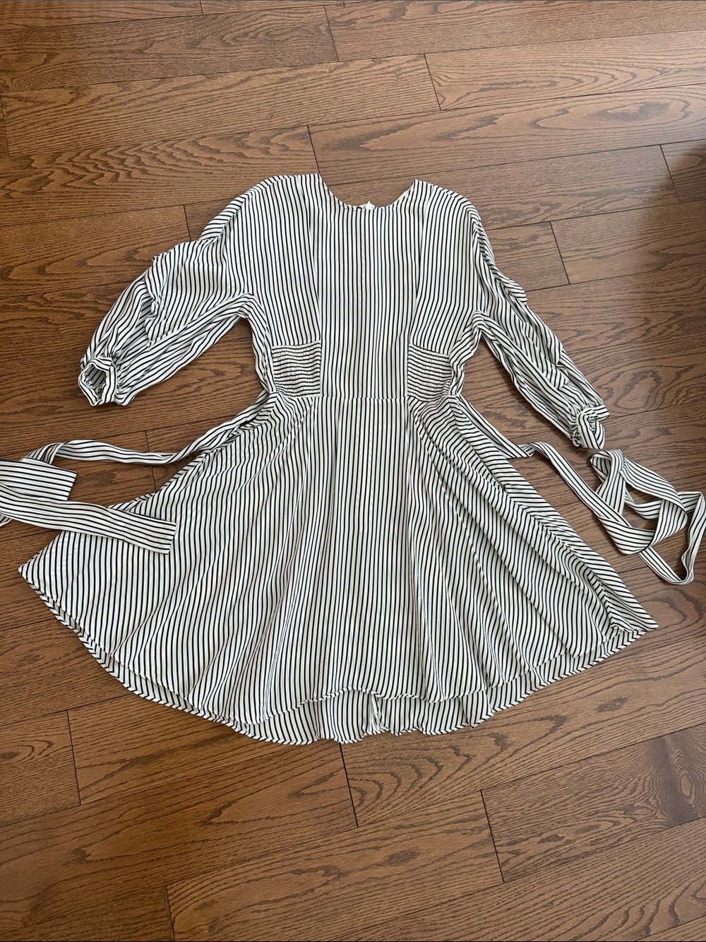 Maje Black and White Vertical-Stripe Tie-Waist Mini Dress
